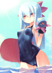Rule 34 | 10s, 1girl, blue hair, blush, breasts, cameltoe, covered erect nipples, covered navel, creatures (company), game freak, gen 5 pokemon, hand puppet, highres, homura subaru, hydreigon, kickboard, long hair, nintendo, one-piece swimsuit, personification, pokemon, pokemon bw, puppet, red eyes, school swimsuit, small breasts, solo, standing, swimsuit, translucent hair, wading, water, wet, wet clothes