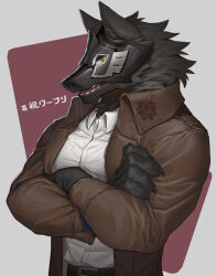 Rule 34 | 1boy, absurdres, animal ears, bara, belt, black claws, brown coat, claws, coat, commentary request, crossed arms, furry, furry male, green eyes, hashtag, highres, large pectorals, looking at viewer, male focus, mask, mask on head, open mouth, pectorals, profile, rolf (world flipper), sharp teeth, shirt, teeth, ty arashi, white shirt, wolf boy, wolf ears, world flipper