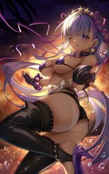 Rule 34 | 1girl, ass, bare shoulders, bb (fate), bb (fate) (all), bb (swimsuit mooncancer) (fate), bb (swimsuit mooncancer) (second ascension) (fate), beach, bead bracelet, beads, belt, bikini, black garter belt, black gloves, black shorts, black thighhighs, blush, boots, bracelet, breasts, cleavage, dark-skinned female, dark skin, eyes visible through hair, fate/grand order, fate (series), fingerless gloves, garter belt, gloves, gradient sky, hair ornament, hair ribbon, hairband, high heels, highres, jewelry, large breasts, licking lips, long hair, looking at viewer, loose belt, medium breasts, micro shorts, neck ribbon, one eye closed, orange sky, pruding, purple bikini, purple eyes, purple footwear, purple hair, ribbon, shorts, sky, smile, solo, star (symbol), star hair ornament, studded garter belt, swimsuit, tan, thigh boots, thighhighs, thighs, tongue, tongue out, twilight, very long hair, water drop, white belt