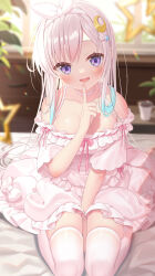 Rule 34 | 1girl, airani iofifteen, alternate costume, bare shoulders, bed sheet, between legs, blue hair, blurry, blurry background, blush, bow hairband, breasts, choker, commentary, depth of field, dress, finger to mouth, frilled dress, frills, gradient hair, hair ornament, hairband, hand between legs, hololive, hololive indonesia, large breasts, light blue hair, looking at viewer, multicolored hair, off-shoulder dress, off shoulder, on bed, open mouth, pink dress, pink hair, purple eyes, seiza, sitting, skindentation, smile, solo, star (symbol), star hair ornament, star in eye, symbol in eye, thighhighs, two-tone hair, virtual youtuber, white choker, white hairband, white thighhighs, yano mitsuki (nanairo)