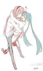 Rule 34 | 2girls, aqua eyes, bad id, bad pixiv id, blush, boots, kissing cheek, electric flower, closed eyes, full body, hatsune miku, hug, kiss, leg up, long hair, megurine luka, multiple girls, open mouth, pantyhose, pink hair, shorts, simple background, smile, standing, sweater, twintails, vocaloid, white background, yuri
