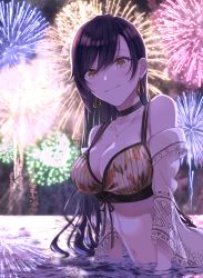 Rule 34 | 1girl, absurdres, backlighting, bikini, black choker, black hair, blush, breasts, choker, cleavage, collarbone, earrings, fireworks, hair behind ear, highres, idolmaster, idolmaster shiny colors, jewelry, large breasts, light smile, long hair, looking at viewer, migechi, navel, necklace, night, night sky, ocean, outdoors, partially submerged, see-through, shirase sakuya, sky, smile, solo, swept bangs, swimsuit, tearing up, tears, upper body, water, yellow eyes