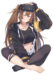 Rule 34 | 1girl, 404 logo (girls&#039; frontline), armband, asymmetrical legwear, black jacket, black pantyhose, breasts, brown hair, closed eyes, commentary, fang, fingerless gloves, full body, girls&#039; frontline, gloves, grin, hair ornament, hairclip, hand on own leg, head-mounted display, highres, ina (inadiary), indian style, jacket, large breasts, long hair, looking at viewer, medium breasts, midriff, navel, no shoes, open clothes, open shirt, pantyhose, partially unbuttoned, scar, scar across eye, scar on face, simple background, single barefoot, sitting, smile, solo, stomach, twintails, ump9 (girls&#039; frontline), ump9 (mod3) (girls&#039; frontline), unbuttoned, unbuttoned shirt, white background, yellow armband
