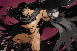 Rule 34 | 1boy, abs, ass, bara, bare pectorals, berserk, black hair, cloak, dizdoodz, erection, feet out of frame, foreshortening, gauntlets, groin, guts (berserk), highres, holding, holding sword, holding weapon, large pectorals, looking at viewer, male focus, male pubic hair, muscular, muscular male, naked cloak, nipples, over shoulder, pectorals, penis, pubic hair, short hair, sideburns, solo, solo focus, spirit, squatting, stomach, sword, sword over shoulder, thighs, uncensored, veins, veiny penis, weapon, weapon over shoulder