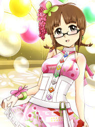 Rule 34 | akizuki ritsuko, braid, brown eyes, brown hair, costume, glasses, idolmaster, idolmaster (classic), maidon, solo, twin braids