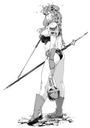 1girl aihara_akito amazon_warrior armor bikini_armor blush boots bottle breasts drunk earrings greyscale hairband highres jewelry large_breasts long_hair monochrome original pauldrons shoulder_armor solo strap sword weapon white_background wine_bottle