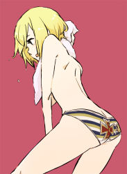 Rule 34 | 00s, 1girl, ass, back, blonde hair, blue eyes, butt crack, erica hartmann, female focus, open mouth, panties, panties only, peg, short hair, simple background, solo, strike witches, striped clothes, striped panties, topless, towel, underwear, underwear only, wet, world witches series