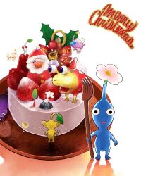 Rule 34 | 1boy, alien, alternate costume, bag, bell, big nose, black eyes, black skin, blue eyes, blue pikmin, blue skin, blush stickers, bud, bulborb, buried, buttons, cake, christmas, christmas cake, closed eyes, coat, colored skin, commentary, english text, fake beard, fake facial hair, fake mustache, fangs, flag, flower, flying, food, fork, fruit, fur-trimmed headwear, fur trim, hat, highres, holding, holding bag, holding fork, holding spoon, insect wings, leaf, looking at viewer, lying, merry christmas, mini hat, mini santa hat, mistletoe, nintendo, no mouth, nostrils, olimar, on back, open mouth, oversized object, partially buried, pikmin (creature), pikmin (series), pink skin, pointy ears, polka dot, pom pom (clothes), pouring, purple hair, purple pikmin, purple skin, red coat, red eyes, red headwear, red pikmin, red ribbon, red skin, ribbon, rock, rock pikmin, santa costume, santa hat, sarii osaka, shadow, short hair, solid circle eyes, spoon, strawberry, sugar (food), triangle mouth, very short hair, white background, white flower, white pikmin, white skin, winged pikmin, wings, yellow pikmin, yellow skin