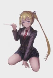 Rule 34 | 1girl, black jacket, black ribbon, blazer, blonde hair, blush, closed mouth, collared shirt, commentary, dagger, dress shirt, fjsmu, full body, grey background, hair ribbon, hand up, highres, holding, holding dagger, holding knife, holding weapon, jacket, kill me baby, knife, long hair, long sleeves, looking at viewer, miniskirt, necktie, purple eyes, red necktie, ribbon, sanpaku, school uniform, shirt, simple background, sitting, skirt, solo, sonya (kill me baby), twintails, v-shaped eyebrows, very long hair, weapon, white shirt, wing collar