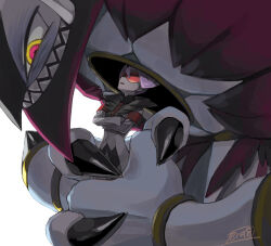 Rule 34 | 1boy, claws, colored skin, creatures (company), crossed arms, game freak, gen 6 pokemon, grey hair, grey skin, haraya, hoopa, hoopa (unbound), lear (pokemon), legendary pokemon, looking at another, male focus, multicolored eyes, mythical pokemon, nintendo, parted lips, pokemon, pokemon (creature), pokemon masters ex, red-tinted eyewear, sharp teeth, signature, simple background, teeth, tinted eyewear, white background