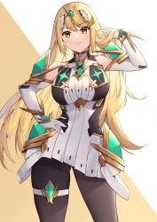 Rule 34 | 1girl, bad id, bad twitter id, bare shoulders, black pantyhose, blonde hair, breasts, chest jewel, dress, duplicate, earrings, elbow gloves, eol 9, gem, gloves, hand on own hip, headpiece, highres, jewelry, large breasts, long hair, looking at viewer, mythra (massive melee) (xenoblade), mythra (xenoblade), nintendo, pantyhose, pixel-perfect duplicate, solo, super smash bros., swept bangs, thigh strap, tiara, very long hair, white dress, white gloves, xenoblade chronicles (series), xenoblade chronicles 2, yellow eyes