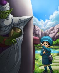 Rule 34 | 1boy, 1girl, absurdres, age difference, bag, black eyes, black footwear, black hair, blue headwear, blue sky, blush stickers, cape, colored skin, delivery, dragon ball, dragon ball super, dragon ball super super hero, elite nappa, grass, green skin, grin, hat, highres, holding, holding letter, kindergarten uniform, letter, looking away, mailbox (incoming mail), mary janes, muscular, outdoors, pan (dragon ball), piccolo, pointy ears, school bag, school uniform, shirt, shoes, short hair, signature, size difference, skirt, sky, smile, socks, standing, sweater, turban, water, white shirt