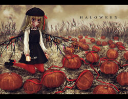Rule 34 | 1girl, alternate costume, black dress, black footwear, black hat, black veil, blonde hair, blood, blood from mouth, blood on clothes, blood on hands, breasts, brown sky, closed mouth, cloud, collared shirt, commentary request, crystal, dress, field, flandre scarlet, fork, full body, fur hat, halloween, hat, high heels, holding, holding fork, kneeling, lastdark, letterboxed, long hair, long sleeves, looking at viewer, medium bangs, one side up, outdoors, pantyhose, pinafore dress, pumpkin, red eyes, red pantyhose, shirt, sleeveless, sleeveless dress, small breasts, solo, touhou, typo, veil, white shirt, wide-eyed, wings