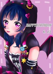 Rule 34 | 1girl, artist name, artist request, bare shoulders, black bow, black choker, black vest, blue hair, blush, bow, choker, demon girl, demon horns, demon tail, demon wings, detached sleeves, earrings, facial mark, female focus, frilled sleeves, frills, garter straps, hair bun, heart, highres, hood, hood up, hooded vest, hoodie, horns, horns through headwear, jewelry, lace, lace-trimmed legwear, lace trim, long hair, long sleeves, looking at viewer, love live!, love live! school idol festival, love live! school idol festival all stars, love live! sunshine!!, nail polish, open clothes, open vest, petals, pink nails, purple eyes, purple thighhighs, short hair, single hair bun, smile, solo, striped clothes, striped thighhighs, tail, thighhighs, tsushima yoshiko, vest, wings, zasikiwww, zettai ryouiki