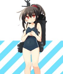 Rule 34 | 10s, 1girl, 5jo utage, alternate hairstyle, black hair, competition school swimsuit, hatsushimo (kancolle), kantai collection, long hair, machinery, one-piece swimsuit, ponytail, red eyes, school swimsuit, smokestack, solo, swimsuit, torpedo, turret