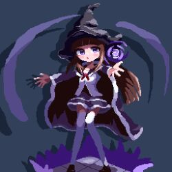 Rule 34 | 1girl, birdman46049238, blunt bangs, brown hair, cape, crystal, dress, hat, highres, long hair, looking at viewer, original, parted lips, pixel art, purple cape, purple dress, purple eyes, solo, thighhighs, white thighhighs, witch hat