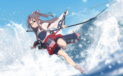Rule 34 | 1girl, arrow (projectile), blue sky, bow (weapon), day, flight deck, grey eyes, grey hair, hachimaki, hakama, hakama shorts, headband, high ponytail, holding, holding bow (weapon), holding weapon, japanese clothes, kantai collection, long hair, muneate, neve (morris-minicooper), ocean, outdoors, quiver, red hakama, rigging, shorts, sky, solo, standing, standing on liquid, standing on one leg, waves, weapon, yumi (bow), zuihou (kancolle)