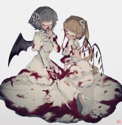 Rule 34 | 2girls, alternate costume, bat wings, blindfold, blonde hair, blood, blood on clothes, blue hair, bow, crystal, dress, flandre scarlet, hair bow, high heels, highres, long dress, long hair, long sleeves, multiple girls, puffy sleeves, remilia scarlet, short hair, side ponytail, sokura (mochichitose), touhou, white bow, white dress, wings