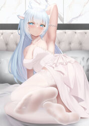 Rule 34 | 1girl, absurdres, animal ears, antlers, arm support, arm up, armlet, armpits, bed, blue eyes, blush, breasts, choker, commission, deer antlers, deer ears, deer girl, dress, grey hair, hakushika iori, highres, horns, jewelry, john zerowb, long hair, looking at viewer, lying, medium breasts, necklace, on side, phase connect, pixiv commission, solo, strapless, strapless dress, thighhighs, virtual youtuber, wedding dress, white choker, white dress, white thighhighs