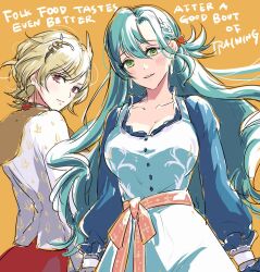 Rule 34 | 2girls, aqua hair, blonde hair, bow, braid, breasts, chloe (fire emblem), citrinne (fire emblem), commentary, earrings, english commentary, feather hair ornament, feathers, fire emblem, fire emblem engage, green eyes, hair ornament, highres, hoop earrings, jewelry, large breasts, long hair, mismatched earrings, mixed-language commentary, multiple girls, nintendo, orange bow, red eyes, side braid, teardrop earrings, umi ( oneinchswing)