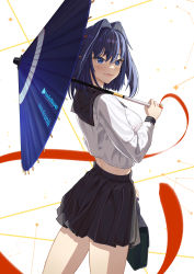 Rule 34 | 1girl, absurdres, bag, bangom r, black sailor collar, black skirt, blue eyes, blue hair, blush, breasts, character name, closed mouth, copyright name, cowboy shot, hair intakes, highres, holding, holding bag, holding umbrella, hololive, hololive english, large breasts, long sleeves, looking at viewer, looking to the side, medium hair, ouro kronii, pleated skirt, red ribbon, ribbon, sailor collar, school uniform, serafuku, shirt, skirt, solo, umbrella, virtual youtuber, white background, white shirt