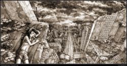 Rule 34 | 1girl, artist name, city, dated, highres, limfoman, lying, monochrome, navel, on side, panorama, ruins, russia, self-upload, sepia, signature, sleeping, solo, watermark, web address