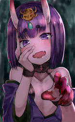 Rule 34 | 1girl, blood, blood on hands, blush, bob cut, collarbone, commentary request, evil smile, eyelashes, fangs, fate/grand order, fate (series), fingernails, flat chest, gem, hair ornament, hand on own face, head tilt, highres, hikimayu, horns, japanese clothes, kimono, laughing, looking at viewer, off shoulder, okitsugu, oni, open mouth, purple eyes, purple hair, sharp fingernails, short hair, shuten douji (fate), skin-covered horns, smile, solo, upper body