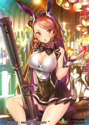 Rule 34 | 1girl, :o, animal ears, bare shoulders, black bow, black bowtie, black skirt, blush, bottle, bow, bowtie, breasts, brown eyes, brown hair, cat, cleavage, copyright name, fake animal ears, gun, hairband, hand up, high-waist skirt, indoors, large breasts, light particles, light rays, long hair, looking at viewer, nightclub, official art, pleated skirt, popqn, qurare magic library, rabbit ears, simple background, sitting, skirt, solo, watermark, weapon, wing collar