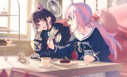 Rule 34 | 2girls, animal ears, black choker, black hair, black jacket, blue archive, blue hair, blunt bangs, blurry, cafe, cake, cake slice, cake stand, cat ears, cat girl, chocolate cake, choker, colored inner hair, commentary, cup, depth of field, extra ears, food, food on face, fork, green sailor collar, grey serafuku, hair behind ear, hair ornament, hairclip, halo, hand on own face, hand on table, head rest, highres, holding, holding fork, hood, hood down, hooded jacket, indoors, jacket, kazusa (blue archive), keita (kta0), light, long hair, long sleeves, looking at another, low twintails, mechanical halo, multicolored clothes, multicolored hair, multicolored jacket, multiple girls, neckerchief, pink hair, pink neckerchief, puffy long sleeves, puffy sleeves, purple eyes, reisa (blue archive), sailor collar, saucer, school uniform, serafuku, short hair, sideways glance, sitting, sleeves past wrists, star (symbol), star hair ornament, strawberry cake, tea, twintails, white sailor collar