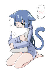 Rule 34 | 1girl, absurdres, animal ears, arknights, barefoot, blue hair, blue hoodie, blush, cat ears, cat girl, cat tail, covered mouth, flying sweatdrops, full body, green eyes, highres, hood, hood down, hoodie, jessica (arknights), kumamu, long sleeves, looking at viewer, hugging object, one eye closed, pillow, pillow hug, seiza, simple background, sitting, solo, spoken blush, tail, white background