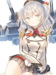 Rule 34 | 10s, 1girl, anti-aircraft, anti-aircraft gun, arm support, bad id, bad twitter id, breasts, crossed legs, epaulettes, grey eyes, gun, highres, io enishi, kantai collection, kashima (kancolle), large breasts, looking at viewer, military, military uniform, miniskirt, pleated skirt, silver hair, skirt, smile, solo, thighs, turret, twintails, uniform, weapon, white background