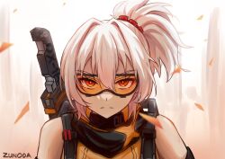 Rule 34 | 1girl, absurdres, artist name, closed mouth, commentary, hair between eyes, highres, looking at viewer, orange shirt, petals, ponytail, red eyes, shirt, short hair, sleeveless, soldier 11 (zenless zone zero), solo, sunglasses, upper body, white hair, zenless zone zero, zunoda