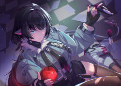 1girl animal_ears apple black_garter_straps black_gloves black_hair black_necktie black_pantyhose black_shirt breasts celtreny checkered_floor closed_mouth commentary crop_top fingerless_gloves food from_above fruit fur-trimmed_jacket fur_trim garter_straps gloves green_eyes green_jacket highres holding holding_food holding_fruit holding_knife jacket jane_doe_(zenless_zone_zero) knife large_breasts looking_at_viewer midriff mouse_ears mouse_girl mouse_tail multicolored_hair nail_polish necktie pantyhose pink_nails planted planted_knife planted_weapon red_hair red_necktie shirt sidelocks single_garter_strap single_leg_pantyhose single_thighhigh smile solo tail thighhighs thighs torn_clothes torn_pantyhose twitter_username two-tone_hair two-tone_necktie weapon white_footwear zenless_zone_zero