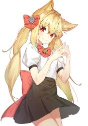 Rule 34 | 1girl, animal ears, bell, black skirt, blonde hair, bow, bowtie, copyright request, cowboy shot, fox ears, hair bow, hands up, high-waist skirt, highres, jingle bell, long hair, looking at viewer, miniskirt, own hands together, pleated skirt, red bow, red eyes, se.a, shirt, short sleeves, sidelocks, skirt, smile, solo, steepled fingers, transparent background, twintails, white shirt