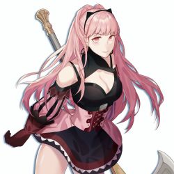 Rule 34 | 1girl, arms behind back, axe, black headband, blush, breasts, buckle, bustier, cleavage, corset, dress, earrings, eyelashes, eyeliner, female focus, fighting stance, fire emblem, fire emblem: three houses, gloves, halter dress, halterneck, halterneck, headband, highres, hilda valentine goneril, hoop earrings, jewelry, kyounatsuuu, large breasts, legs, lipstick, long hair, makeup, matching hair/eyes, nintendo, pink eyes, pink hair, pink lips, red gloves, skirt, solo, strapless, strapless dress, thighs, white background