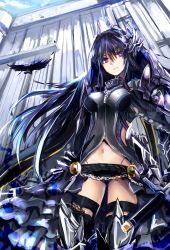 Rule 34 | 1girl, absurdres, armor, armored dress, bird, black hair, black panties, black thighhighs, breasts, chain, chain necklace, day, gold trim, hair ornament, highres, holding, holding sword, holding weapon, jewelry, legwear garter, long hair, medium breasts, navel, necklace, original, outdoors, panties, purple eyes, sketch, sword, thighhighs, underwear, very long hair, weapon, yoshizawa tsubaki