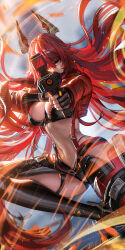 1girl absurdly_long_hair aiming aiming_at_viewer assault_rifle black_bra black_gloves black_horns black_pants bra breasts bullpup cleavage commentary cropped_jacket english_commentary fingerless_gloves gloves goddess_of_victory:_nikke gun highres holding holding_gun holding_weapon horns jacket large_breasts liang_xing long_hair looking_at_viewer mechanical_horns navel pants red_eyes red_hair red_hood_(nikke) red_jacket revealing_clothes rifle serious sidelocks signature solo stomach underwear very_long_hair weapon