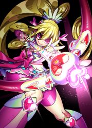 Rule 34 | 1girl, aida mana, black background, blonde hair, bow, brooch, closed mouth, cure heart, curly hair, detached sleeves, dokidoki! precure, dress, heart, heart brooch, incoming attack, long hair, magical girl, pink bow, pink eyes, ponytail, precure, senmu (0107), short sleeves, shorts, shorts under dress, simple background, smile, solo