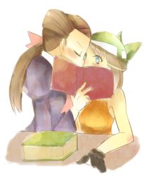 Rule 34 | 00s, 2girls, alternate costume, artist request, bandana, bare shoulders, black gloves, blue eyes, blush, book, bow, brown hair, closed eyes, couple, covering privates, creatures (company), game freak, gloves, green bandanna, gym leader, holding, holding book, kiss, looking at another, may (pokemon), may (pokemon emerald), multiple girls, nintendo, orange shirt, pokemon, pokemon (anime), pokemon adventures, pokemon rse, roxanne (pokemon), shirt, short hair, sleeveless, sleeveless shirt, surprised, table, yuri