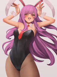 Rule 34 | 1girl, alternate costume, animal ears, arms up, bad id, bad pixiv id, blush, breasts, brown pantyhose, eyebrows, fang, leotard, long hair, looking at viewer, necktie, ni (221), open mouth, pantyhose, playboy bunny, purple hair, rabbit ears, rabbit girl, rabbit pose, red eyes, red necktie, reisen udongein inaba, small breasts, smile, solo, swept bangs, tongue, tongue out, touhou, very long hair, wrist cuffs