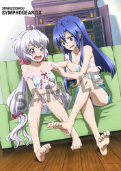 Rule 34 | 10s, 2girls, ahoge, artist request, bare shoulders, barefoot, blue hair, blue shorts, blush, bow, breasts, camisole, cleavage, collarbone, couch, crossed legs, cupboard, eyebrows, feet, hair bow, hair down, hair ornament, hair scrunchie, kazanari tsubasa, locked arms, long hair, low-tied long hair, medium breasts, midriff, multi-tied hair, multiple girls, no hair ornament, official art, open mouth, pajamas, parted bangs, pinching, purple eyes, red ribbon, ribbon, sample watermark, scrunchie, senki zesshou symphogear, shiny skin, short shorts, shorts, shrine, silver hair, sitting, smile, soles, source request, stuffed animal, stuffed rabbit, stuffed toy, teeth, text focus, toe scrunch, toes, tongue, twintails, very long hair, watermark, wooden floor, yukine chris, yuri