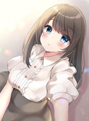 Rule 34 | 1girl, bad id, bad pixiv id, blue eyes, blush, brown hair, brown skirt, center frills, closed mouth, collared shirt, commentary request, dutch angle, frills, hair between eyes, highres, long hair, looking at viewer, minami saki, original, puffy short sleeves, puffy sleeves, reaching, reaching towards viewer, selfie, shirt, short sleeves, skirt, solo, white shirt