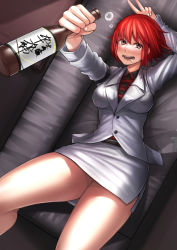 Rule 34 | 1girl, ayakumo, blazer, blush, bottle, colored eyelashes, couch, drooling, drunk, highres, horikawa raiko, jacket, long sleeves, looking at viewer, lying, miniskirt, on back, on couch, open mouth, red eyes, red hair, sake bottle, shirt, skirt, smile, solo, squeans, touhou