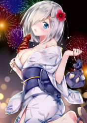 Rule 34 | 10s, 1girl, aerial fireworks, bag, bare shoulders, blue eyes, blush, breasts, cleavage, female focus, fireworks, flower, food, hair flower, hair ornament, hair over one eye, hairclip, hamakaze (kancolle), handbag, holding, ikayaki, japanese clothes, kantai collection, kimono, large breasts, looking at viewer, looking back, open clothes, open mouth, rei (rei&#039;s room), short hair, silver hair, solo, squid, yukata