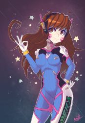 Rule 34 | 1girl, absurdres, acronym, animal print, armor, artist name, bodysuit, boots, bracer, breasts, breasts apart, brown hair, closed mouth, cowboy shot, d.va (overwatch), facepaint, facial mark, gloves, hand on own hip, hand up, headphones, highres, huge filesize, legs apart, long hair, long sleeves, medium breasts, mrdullpen, overwatch, overwatch 1, pauldrons, pilot suit, rabbit print, ribbed bodysuit, shoulder armor, shoulder pads, skin tight, smile, solo, thigh boots, thigh strap, thighhighs, turtleneck, whisker markings, white footwear, white gloves