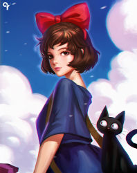 Rule 34 | 1980s (style), 1girl, black cat, blue dress, blue sky, bow, breasts, brown eyes, brown hair, cat, child, chromatic aberration, closed mouth, cloud, day, dress, eyebrows, from side, hair bow, highres, jiji (majo no takkyuubin), kiki (majo no takkyuubin), large bow, liang xing, light smile, lips, lipstick, looking at viewer, looking to the side, majo no takkyuubin, makeup, nose, oldschool, outdoors, pink lips, pink lips, red bow, retro artstyle, short hair, short sleeves, sky, small breasts, solo, studio ghibli, upper body, wide sleeves, witch