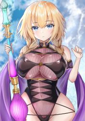 Rule 34 | 1girl, absurdres, bare shoulders, blonde hair, blue eyes, blush, braid, breasts, commentary, commentary request, cosplay, covered navel, fate/grand order, fate (series), highres, jeanne d&#039;arc (fate), jeanne d&#039;arc (ruler) (fate), large breasts, looking at viewer, murasaki shikibu (fate), murasaki shikibu (fate) (cosplay), murasaki shikibu (swimsuit rider) (fate), nuts (hazel-nuts), parted lips, solo, swimsuit, twin braids, upper body