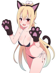 Rule 34 | 1girl, :d, ahoge, animal ears, animal hands, arihara nanami, bikini, black bikini, blonde hair, blush, breasts, cat ears, cat tail, cleavage, collarbone, commentary, cowboy shot, curvy, fang, furrowed brow, gloves, hair between eyes, hair ornament, halterneck, hands up, large breasts, long hair, looking at viewer, navel, open mouth, paw gloves, pom pom (clothes), pom pom hair ornament, ponytail, red eyes, riddle joker, shy, side-tie bikini bottom, simple background, skin fang, skindentation, smile, solo, standing, straight hair, sweatdrop, swimsuit, symbol-only commentary, tail, very long hair, w arms, white background, zlmh7okwwbmghfo