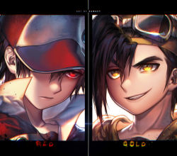 Rule 34 | 1990s (style), 2boys, artist name, baseball cap, black hair, character name, collar, collarbone, confrontation, creatures (company), ethan (pokemon), expressionless, game freak, glowing, glowing eyes, goggles, hat, kawacy, male focus, multiple boys, nintendo, open mouth, pixiv red, pokemon, pokemon gsc, red (pokemon), red eyes, retro artstyle, smirk, yellow eyes