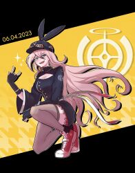 Rule 34 | 1girl, :d, animal ears, black background, black gloves, black headwear, breasts, brown thighhighs, buttons, cleavage, danganronpa (series), danganronpa v3: killing harmony, dated, fake animal ears, fingerless gloves, full body, gloves, goggles, goggles on headwear, hair between eyes, highres, iruma miu, large breasts, long sleeves, miniskirt, on one knee, open mouth, pleated skirt, rabbit ears, red footwear, red skirt, skirt, smile, solo, soshu (socsuperfluous), sparkle, teeth, thighhighs, upper teeth only, yellow background